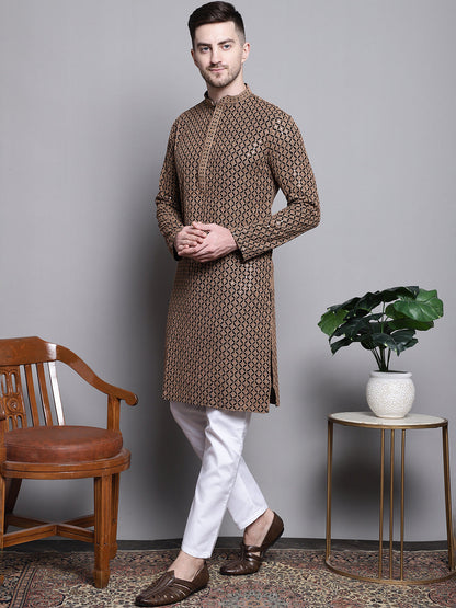 Jompers Men's Sequin Embroidered Pure Cotton Kurta with Pyjamas - Brown