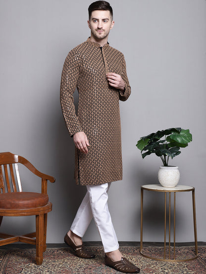 Jompers Men's Sequin Embroidered Pure Cotton Kurta with Pyjamas - Brown