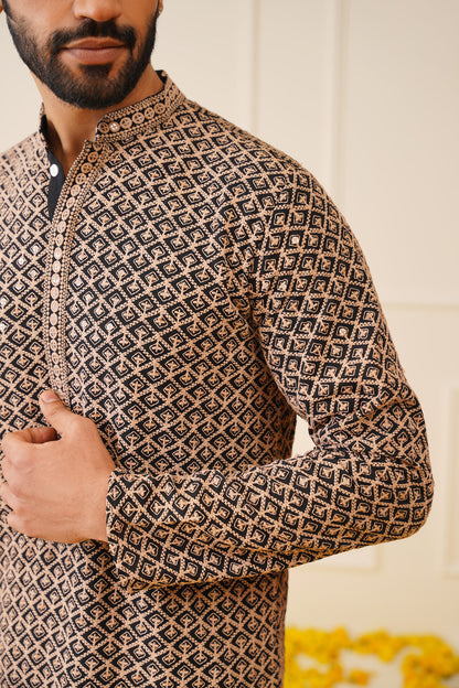 Jompers Men's Sequin Embroidered Pure Cotton Kurta - Brown