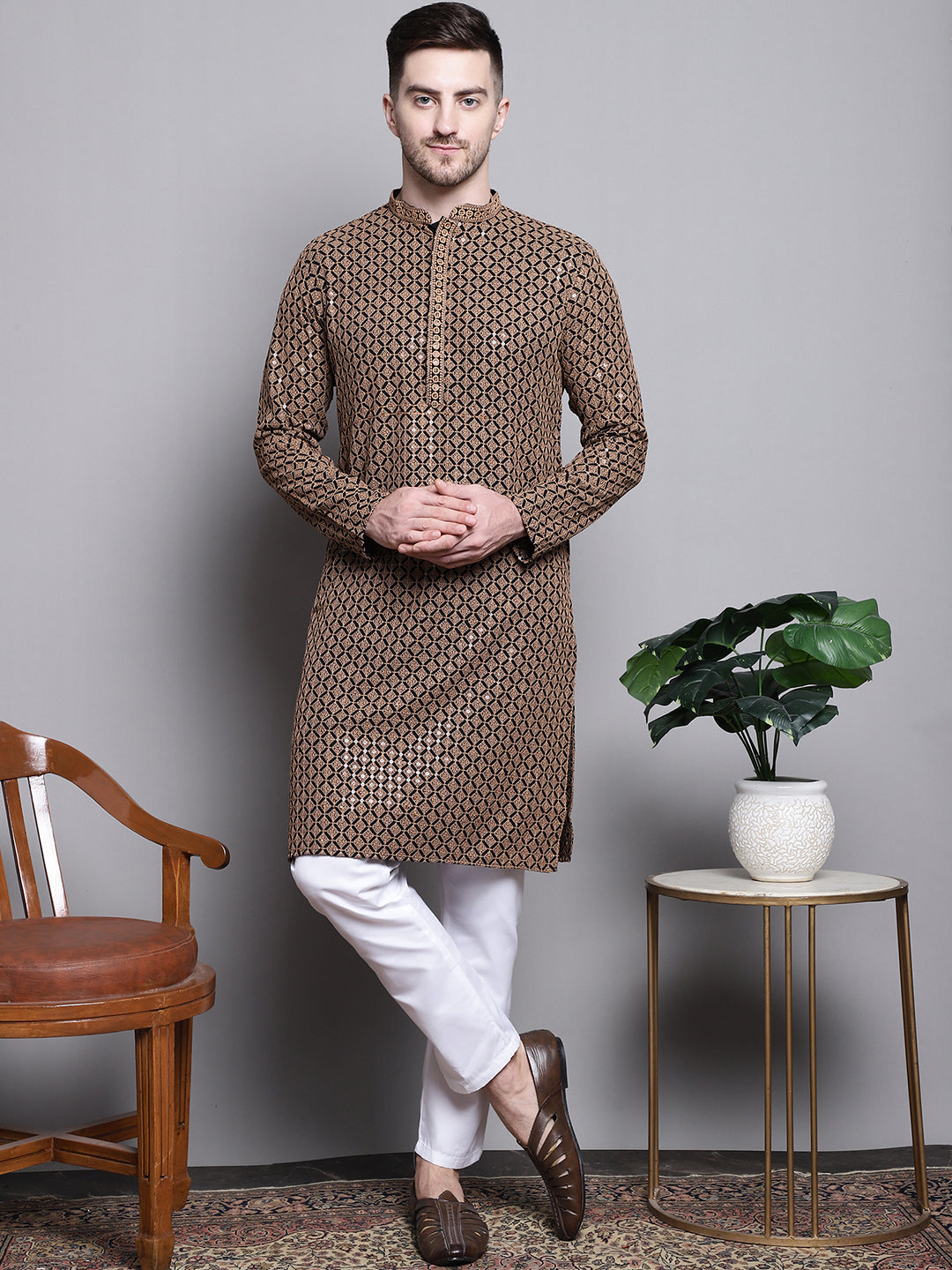 Jompers Men's Sequin Embroidered Pure Cotton Kurta with Pyjamas - Brown