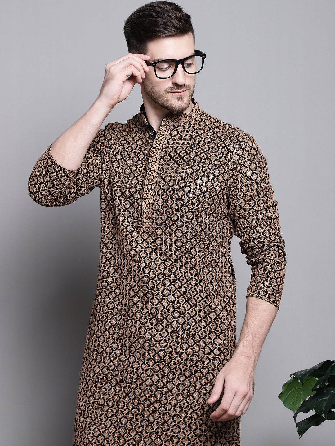 Jompers Men's Sequin Embroidered Pure Cotton Kurta with Pyjamas - Brown