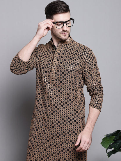 Jompers Men's Sequin Embroidered Pure Cotton Kurta with Pyjamas - Brown