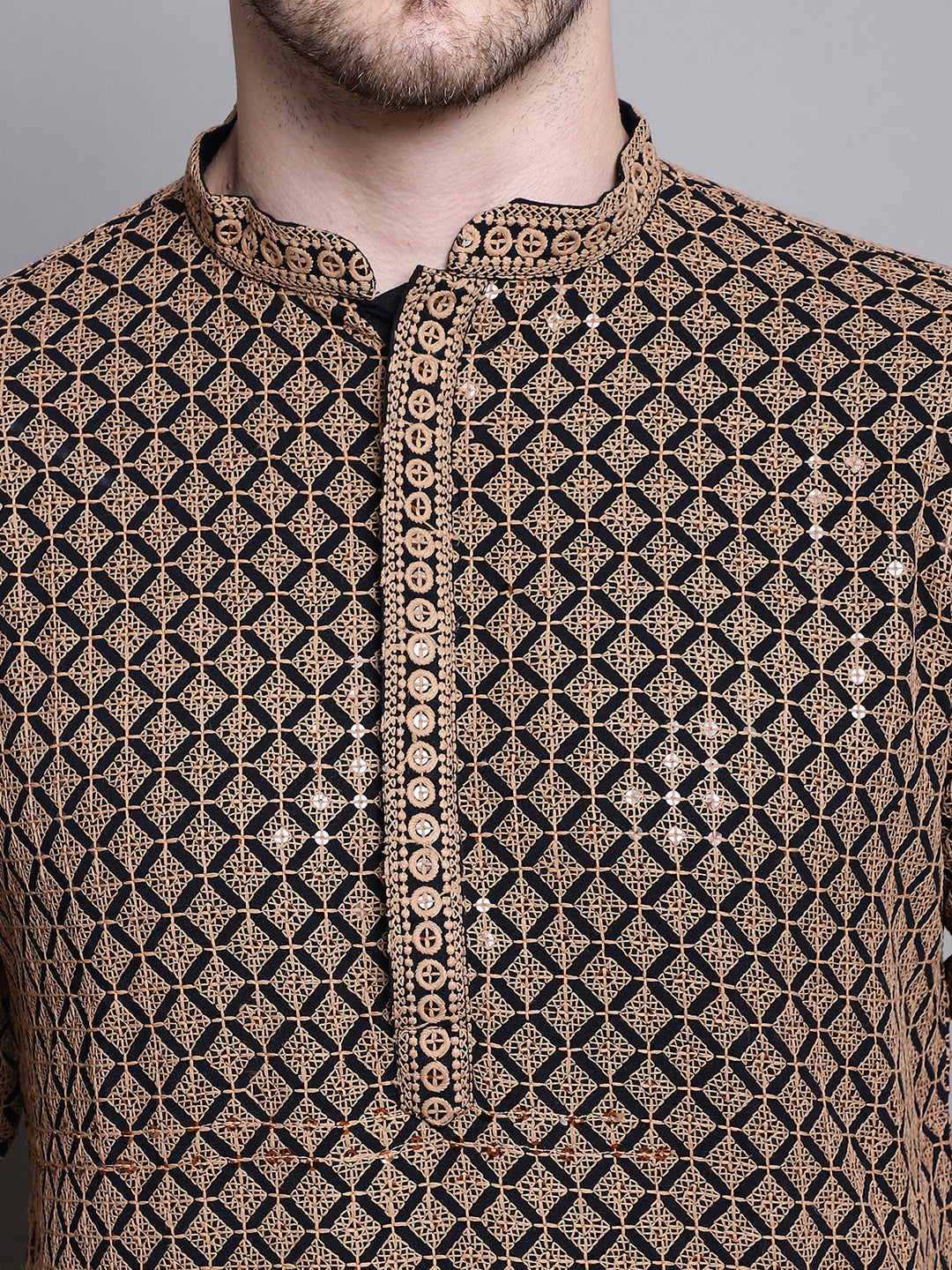 Jompers Men's Sequin Embroidered Pure Cotton Kurta with Pyjamas - Brown