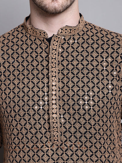 Jompers Men's Sequin Embroidered Pure Cotton Kurta with Pyjamas - Brown