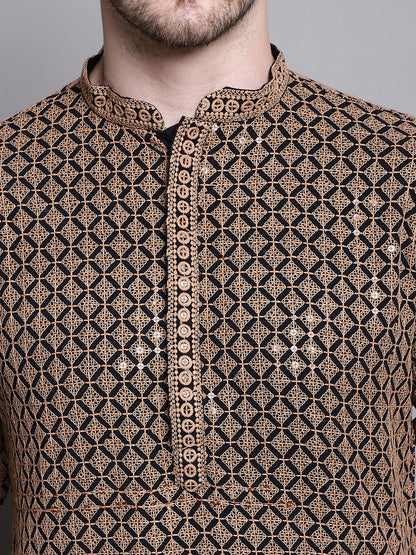 Jompers Men's Sequin Embroidered Pure Cotton Kurta with Pyjamas - Brown