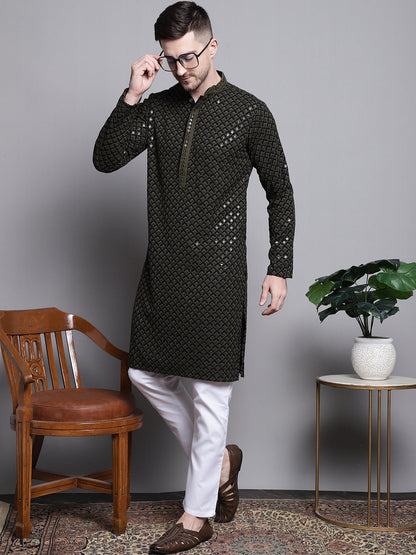 Jompers Men's Sequin Embroidered Pure Cotton Kurta with Pyjamas - Mehndi