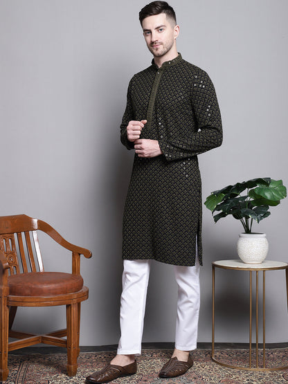 Jompers Men's Sequin Embroidered Pure Cotton Kurta with Pyjamas - Mehndi