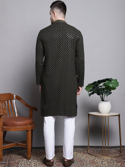 Jompers Men's Sequin Embroidered Pure Cotton Kurta with Pyjamas - Mehndi
