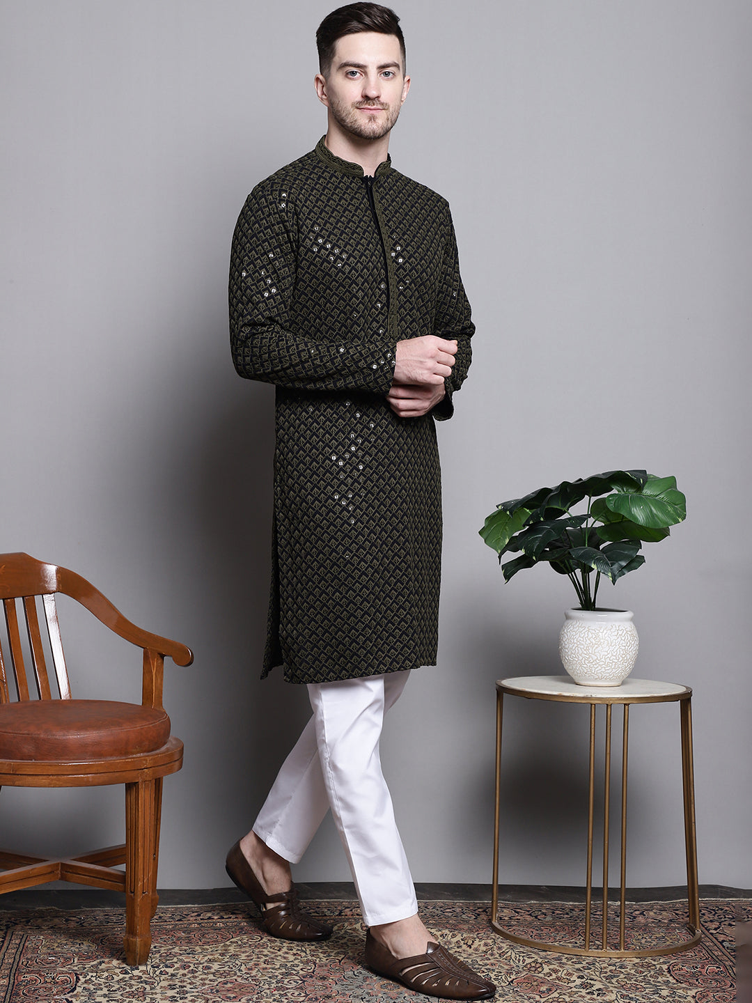 Jompers Men's Sequin Embroidered Pure Cotton Kurta with Pyjamas - Mehndi