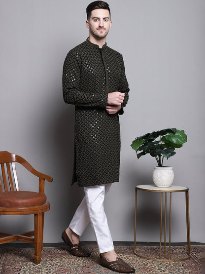 Jompers Men's Sequin Embroidered Pure Cotton Kurta with Pyjamas - Mehndi