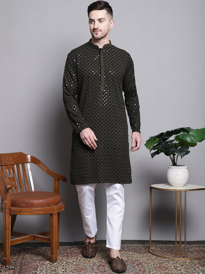 Jompers Men's Sequin Embroidered Pure Cotton Kurta with Pyjamas - Mehndi