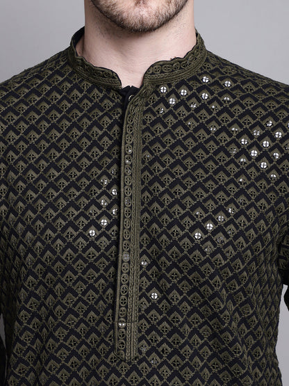 Jompers Men's Sequin Embroidered Pure Cotton Kurta with Pyjamas - Mehndi