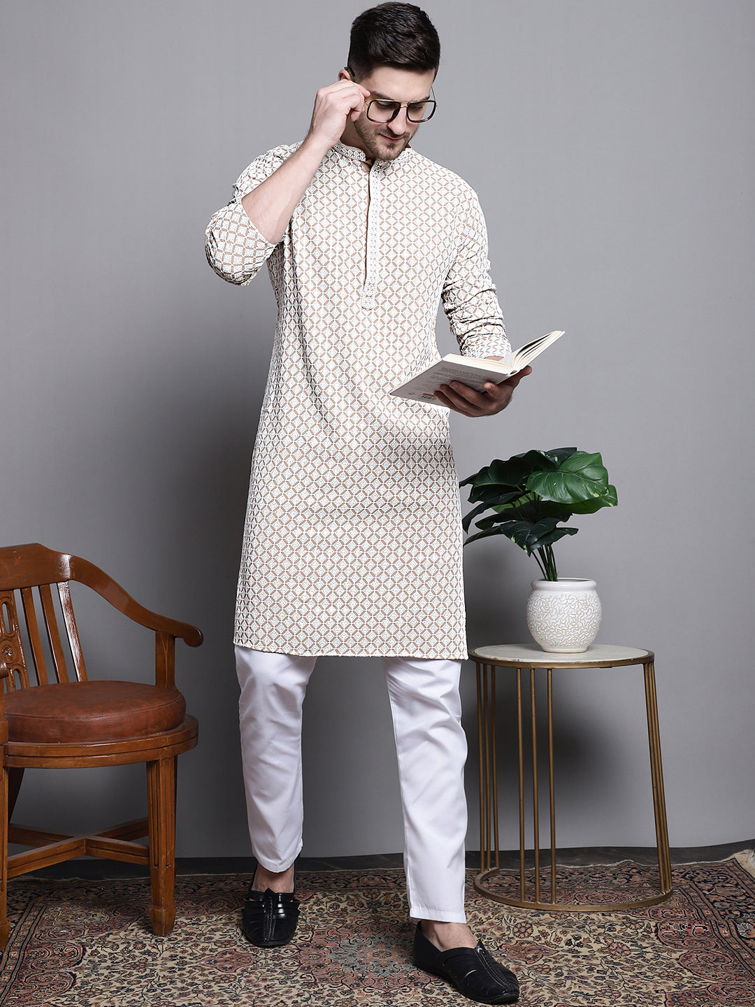 Jompers Men's Sequin Embroidered Pure Cotton Kurta with Pyjamas - Beige