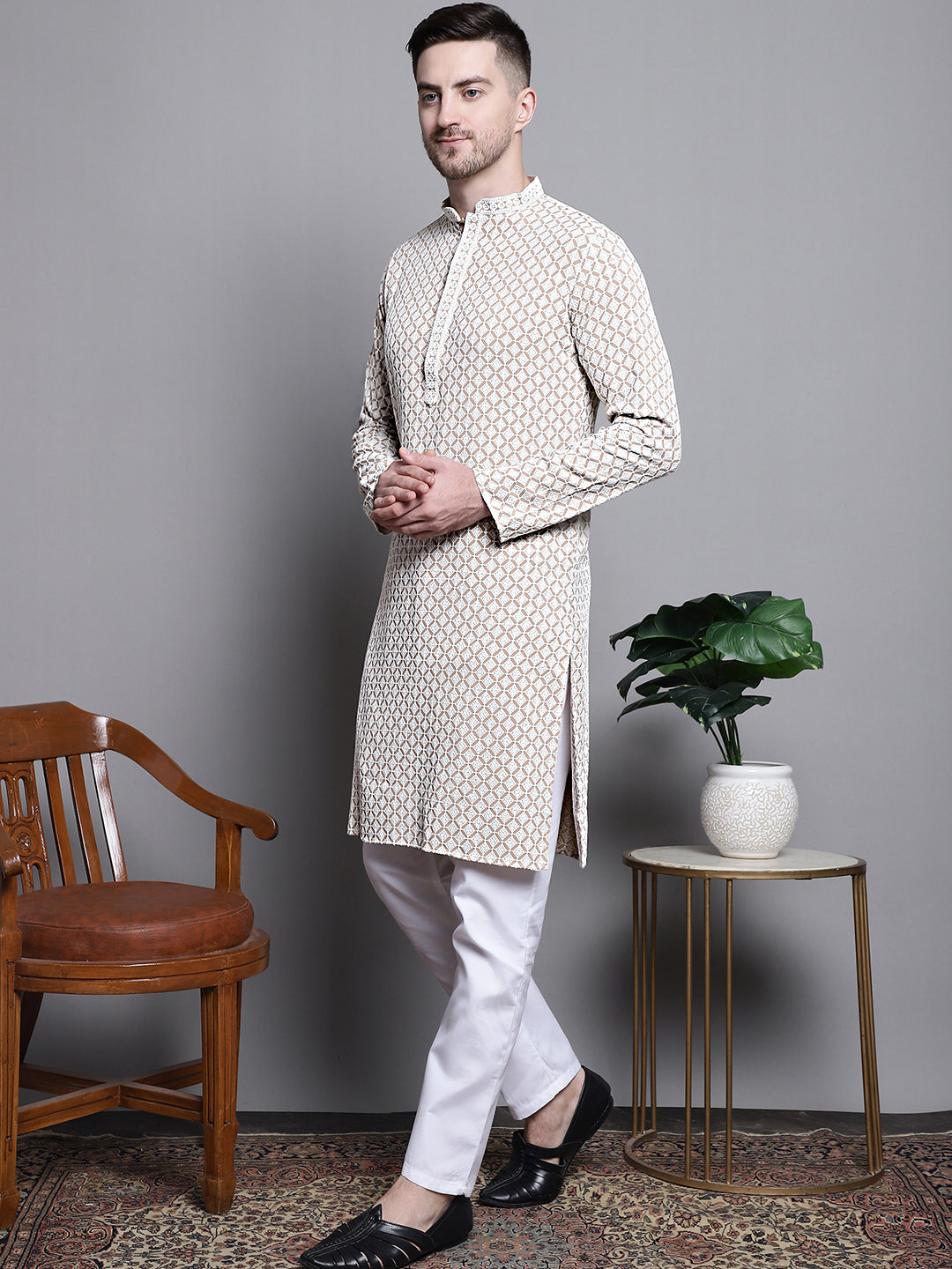 Jompers Men's Sequin Embroidered Pure Cotton Kurta with Pyjamas - Beige
