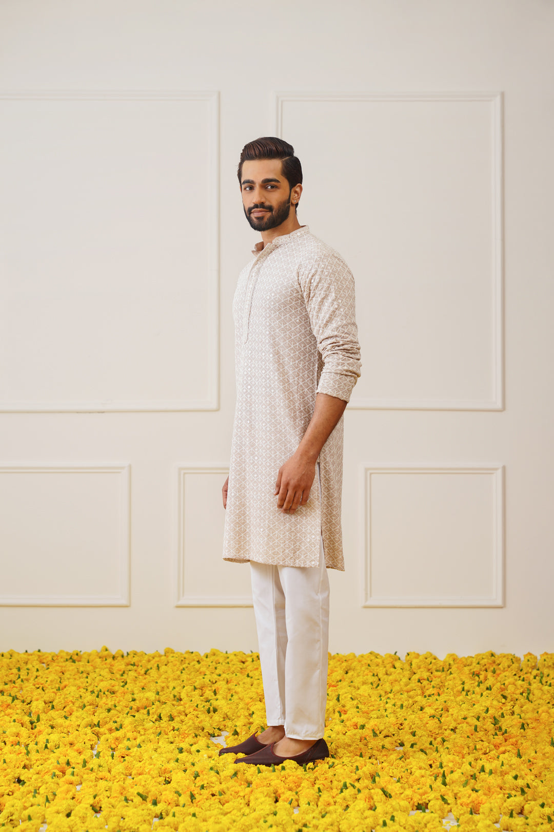 Jompers Men's Sequin Embroidered Pure Cotton Kurta - Beige