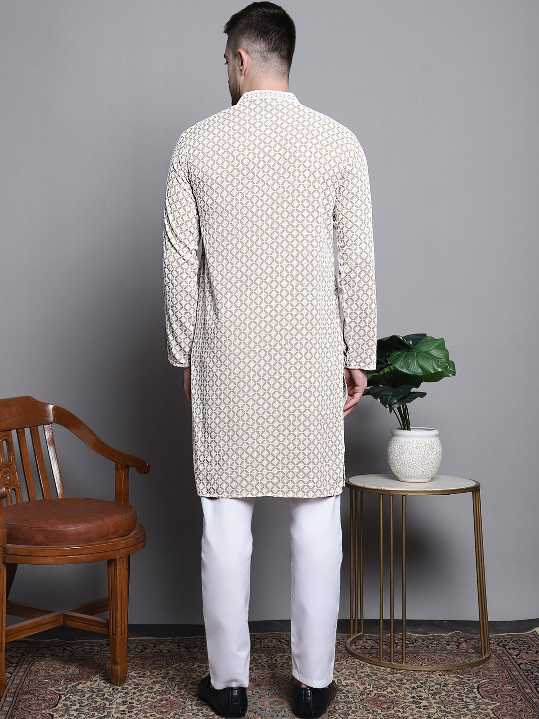 Jompers Men's Sequin Embroidered Pure Cotton Kurta with Pyjamas - Beige