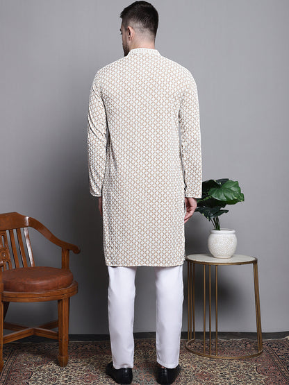 Jompers Men's Sequin Embroidered Pure Cotton Kurta with Pyjamas - Beige