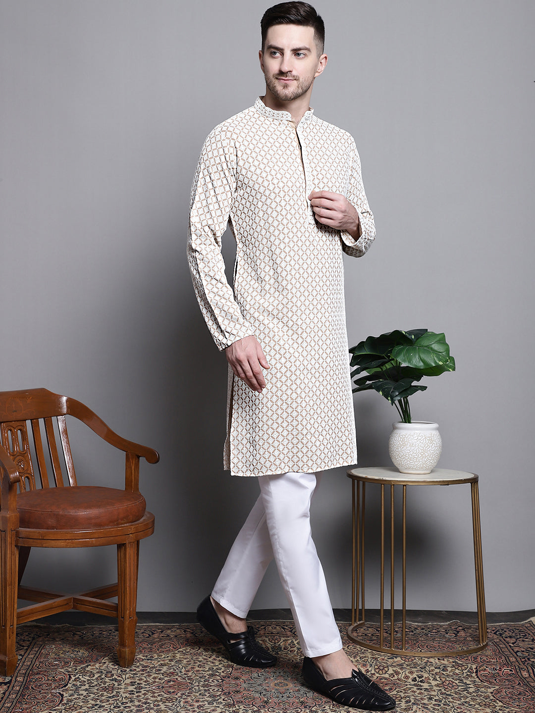Jompers Men's Sequin Embroidered Pure Cotton Kurta with Pyjamas - Beige