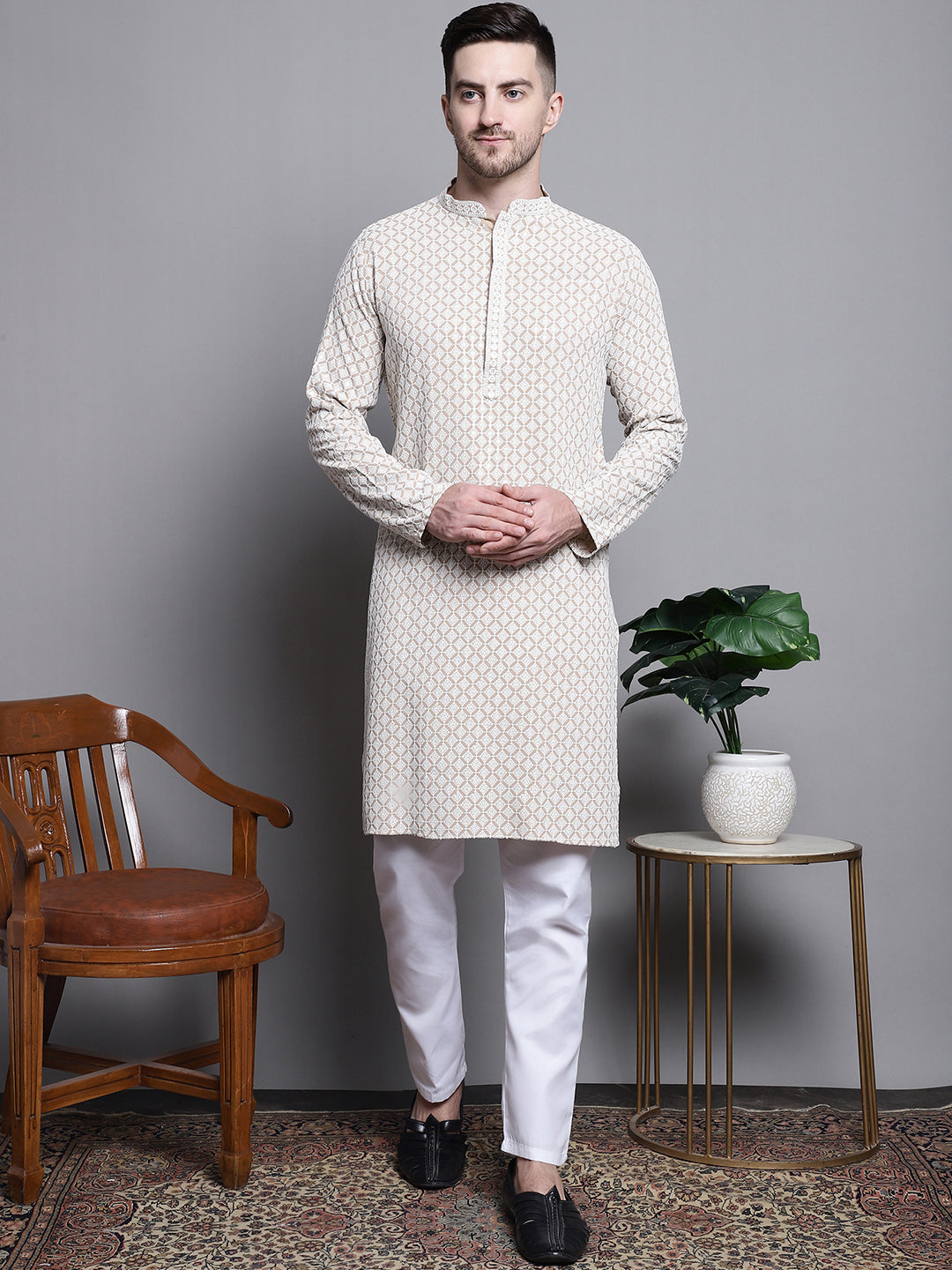 Jompers Men's Sequin Embroidered Pure Cotton Kurta with Pyjamas - Beige
