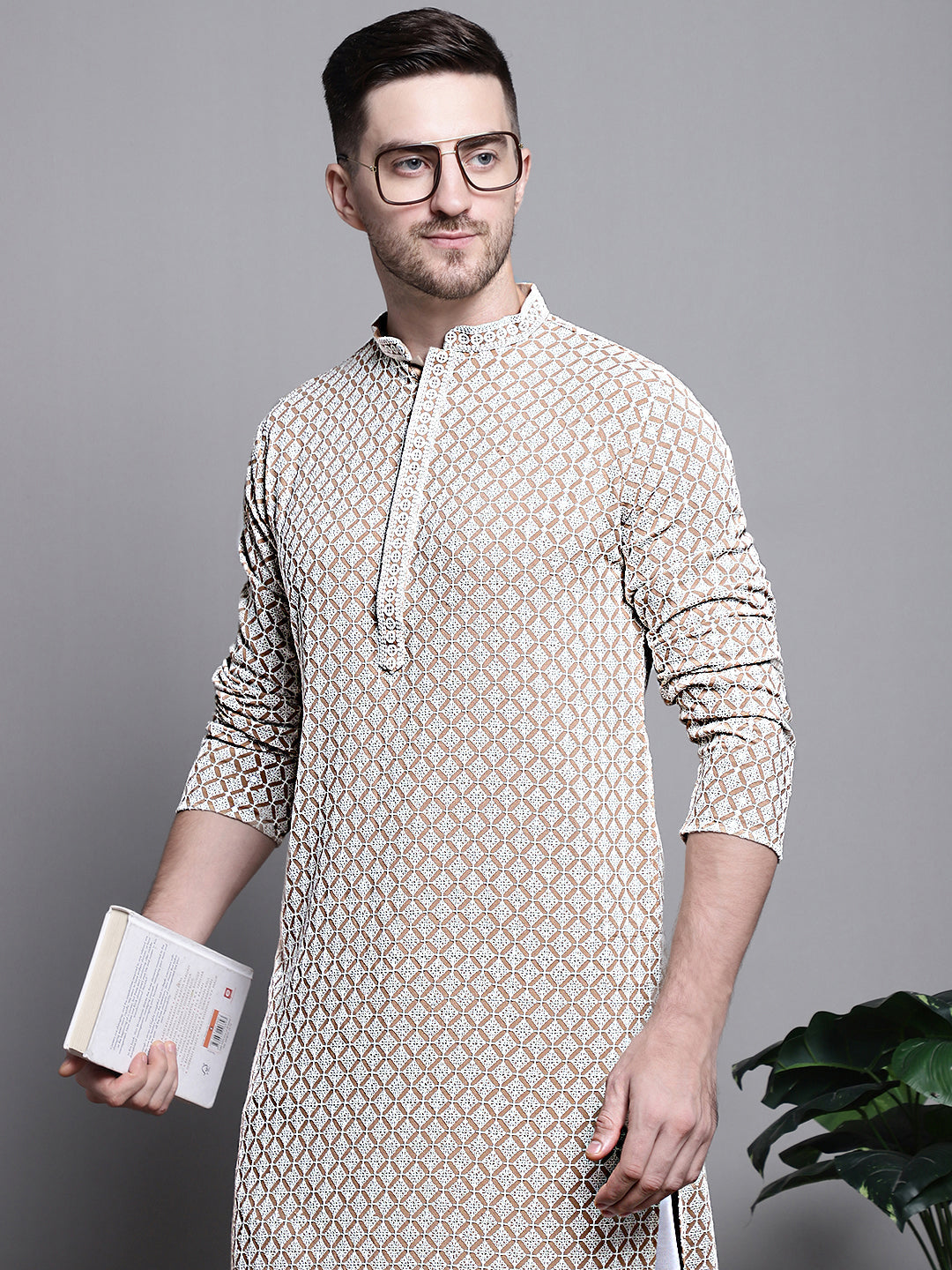 Jompers Men's Sequin Embroidered Pure Cotton Kurta with Pyjamas - Beige