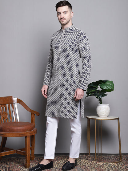 Jompers Men's Sequin Embroidered Pure Cotton Kurta with Pyjamas - Navy Blue