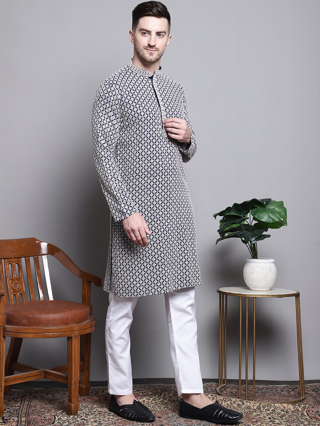 Jompers Men's Sequin Embroidered Pure Cotton Kurta with Pyjamas - Navy Blue