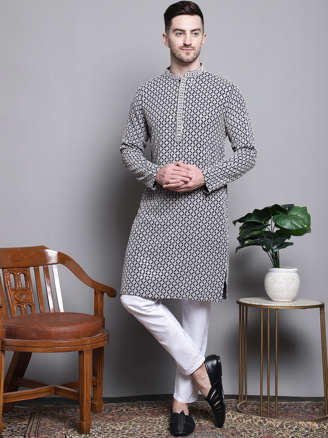Jompers Men's Sequin Embroidered Pure Cotton Kurta with Pyjamas - Navy Blue
