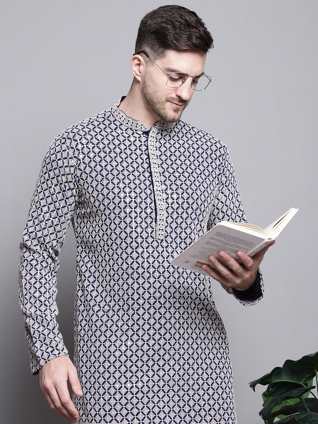 Jompers Men's Sequin Embroidered Pure Cotton Kurta with Pyjamas - Navy Blue