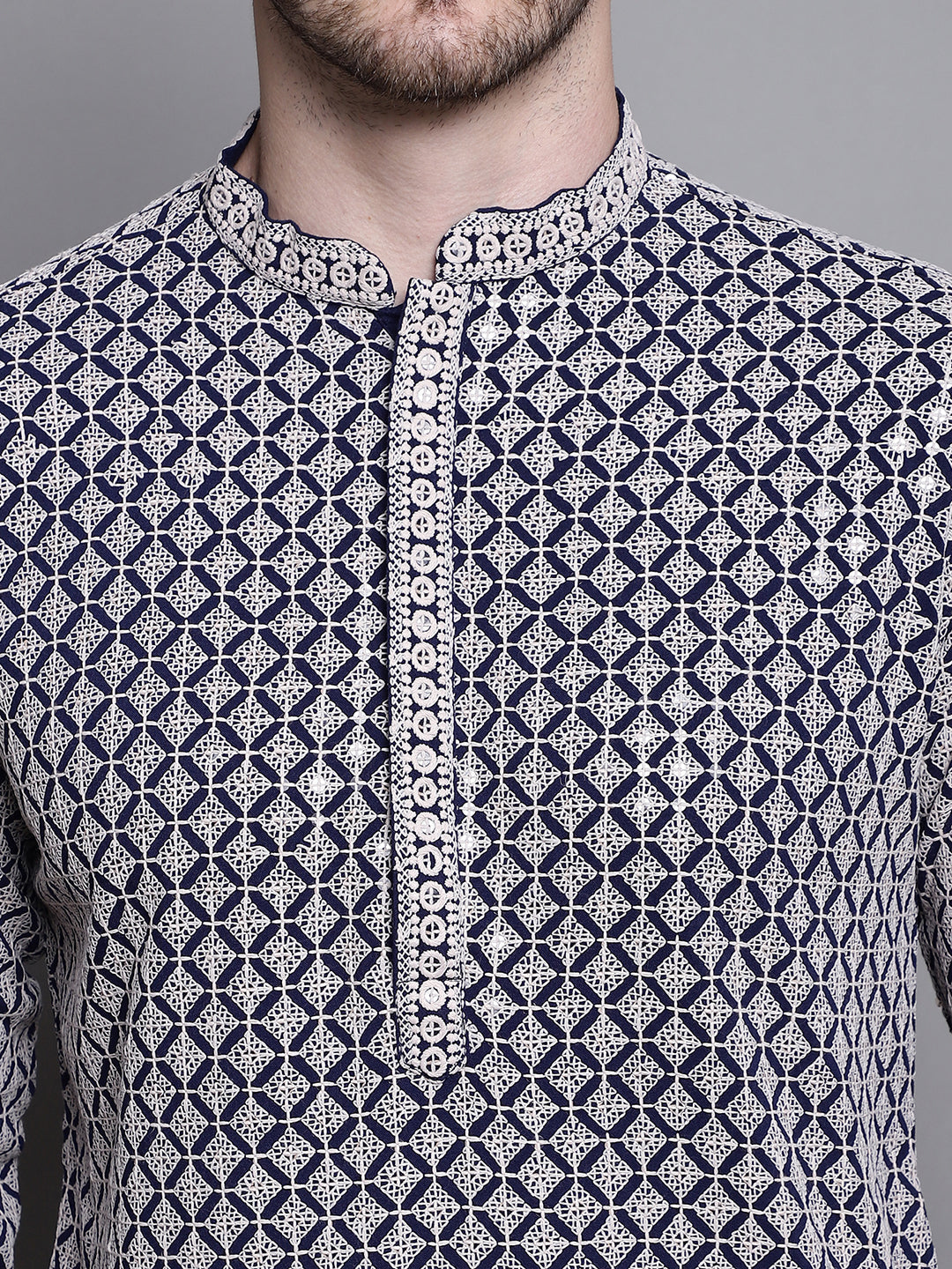 Jompers Men's Sequin Embroidered Pure Cotton Kurta with Pyjamas - Navy Blue