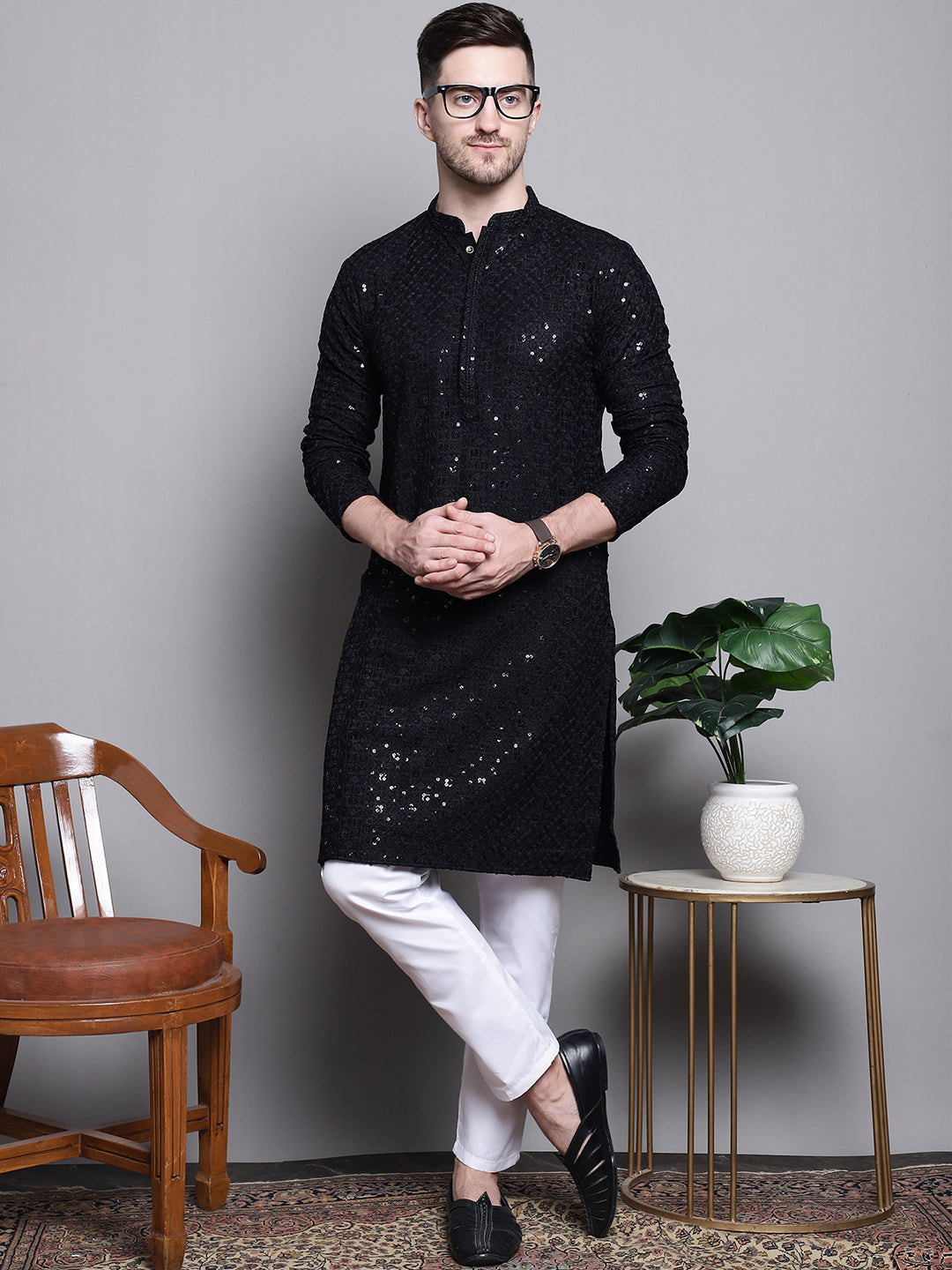 Jompers Men's Sequin Embroidered Pure Cotton Kurta with Pyjamas - Black