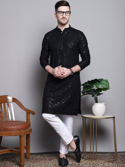 Jompers Men's Sequin Embroidered Pure Cotton Kurta with Pyjamas - Black