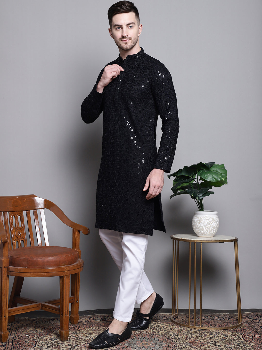 Jompers Men's Sequin Embroidered Pure Cotton Kurta with Pyjamas - Black