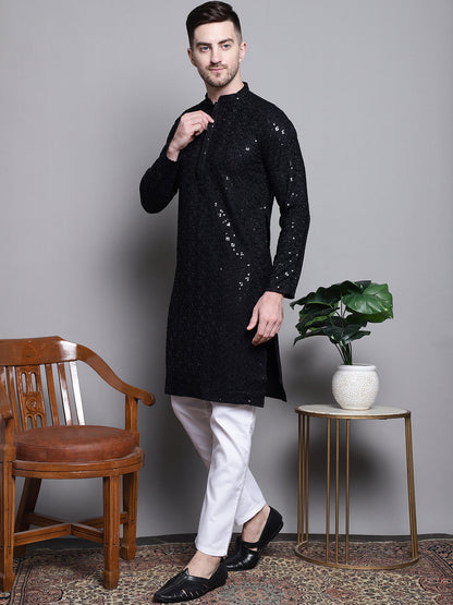 Jompers Men's Sequin Embroidered Pure Cotton Kurta with Pyjamas - Black