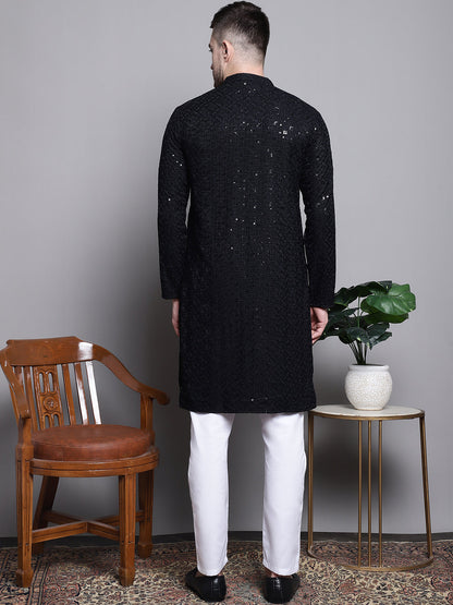 Jompers Men's Sequin Embroidered Pure Cotton Kurta with Pyjamas - Black