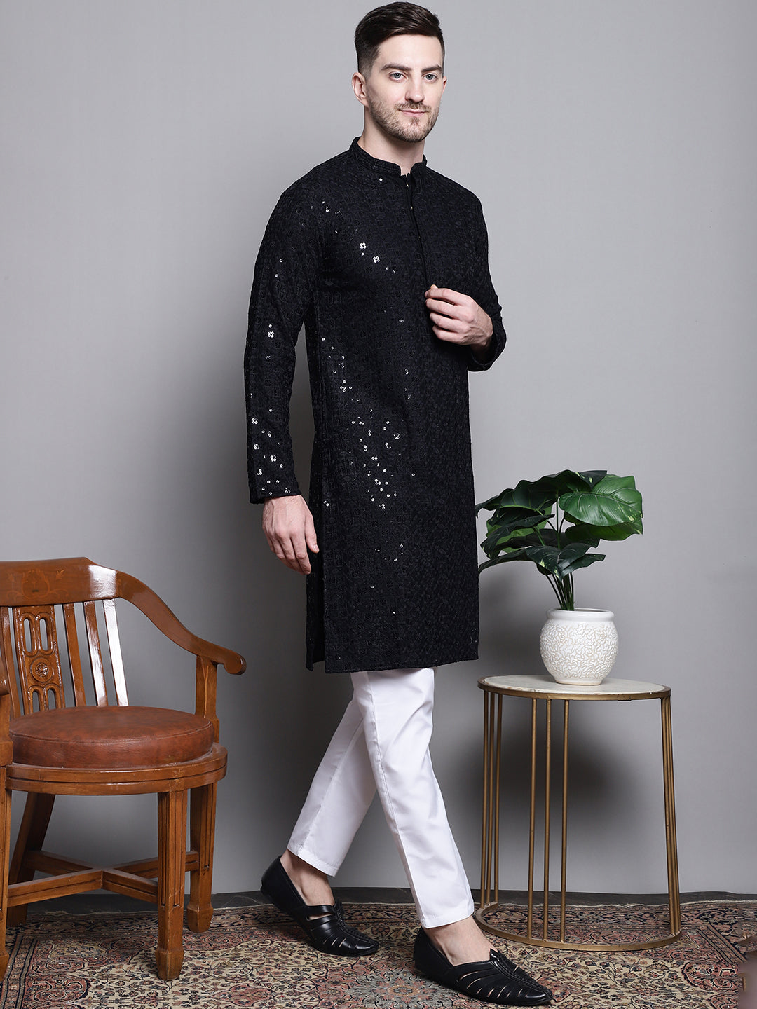 Jompers Men's Sequin Embroidered Pure Cotton Kurta with Pyjamas - Black