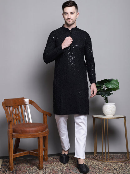 Jompers Men's Sequin Embroidered Pure Cotton Kurta with Pyjamas - Black