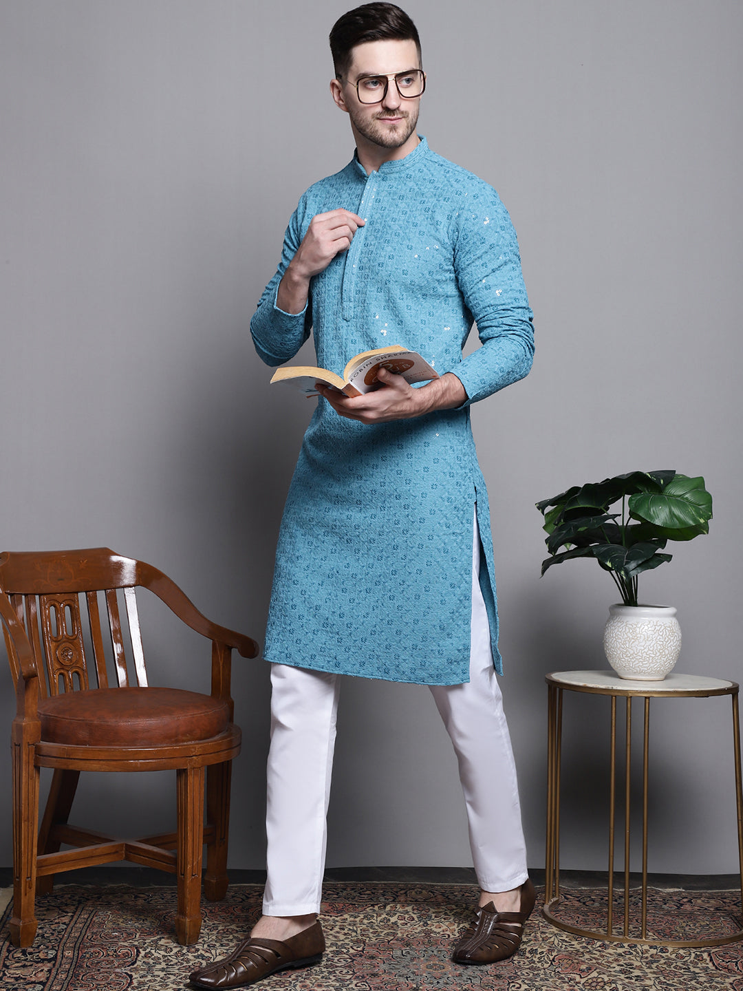 Jompers Men's Sequin Embroidered Pure Cotton Kurta with Pyjamas - Blue