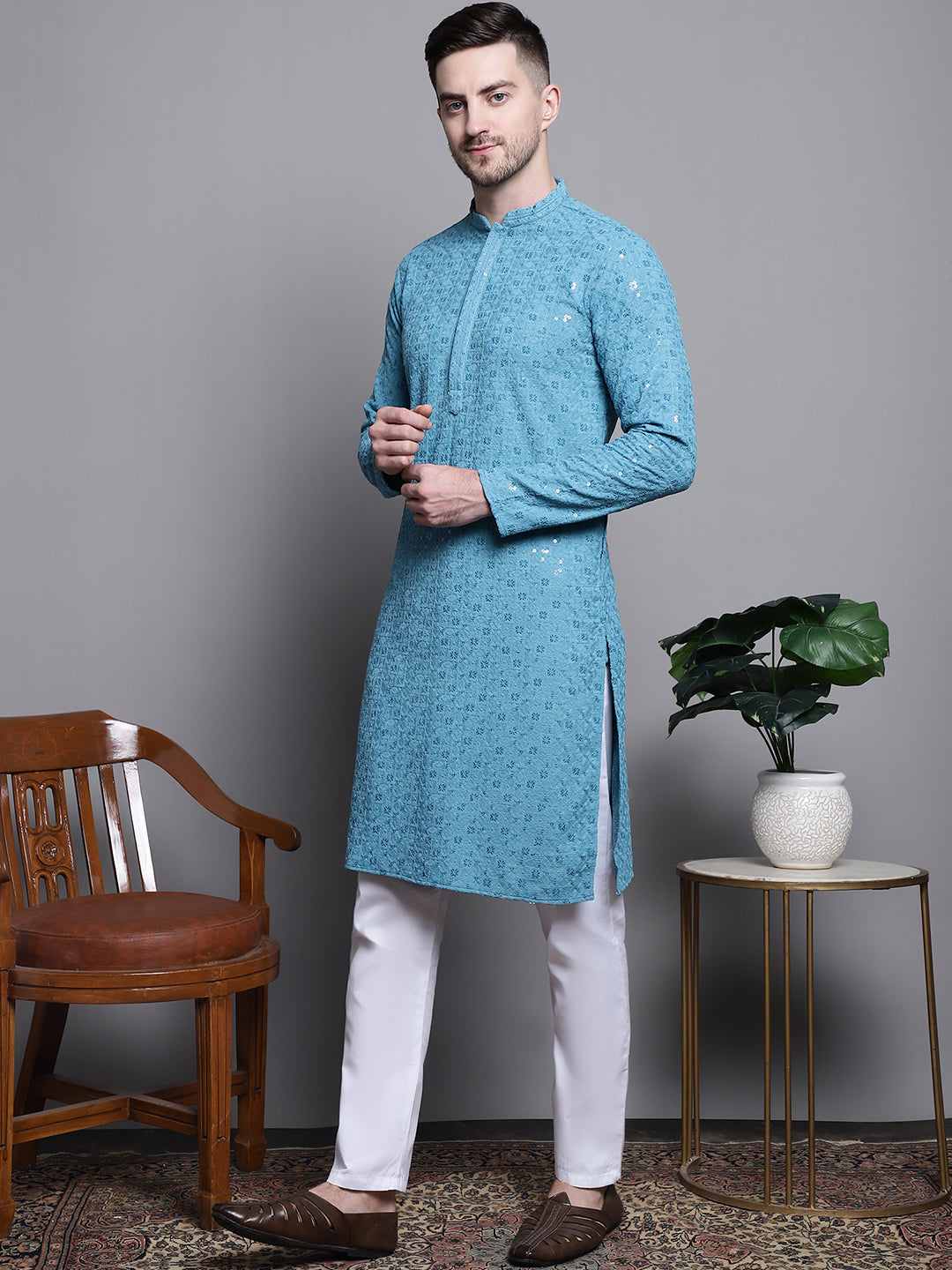 Jompers Men's Sequin Embroidered Pure Cotton Kurta with Pyjamas - Blue