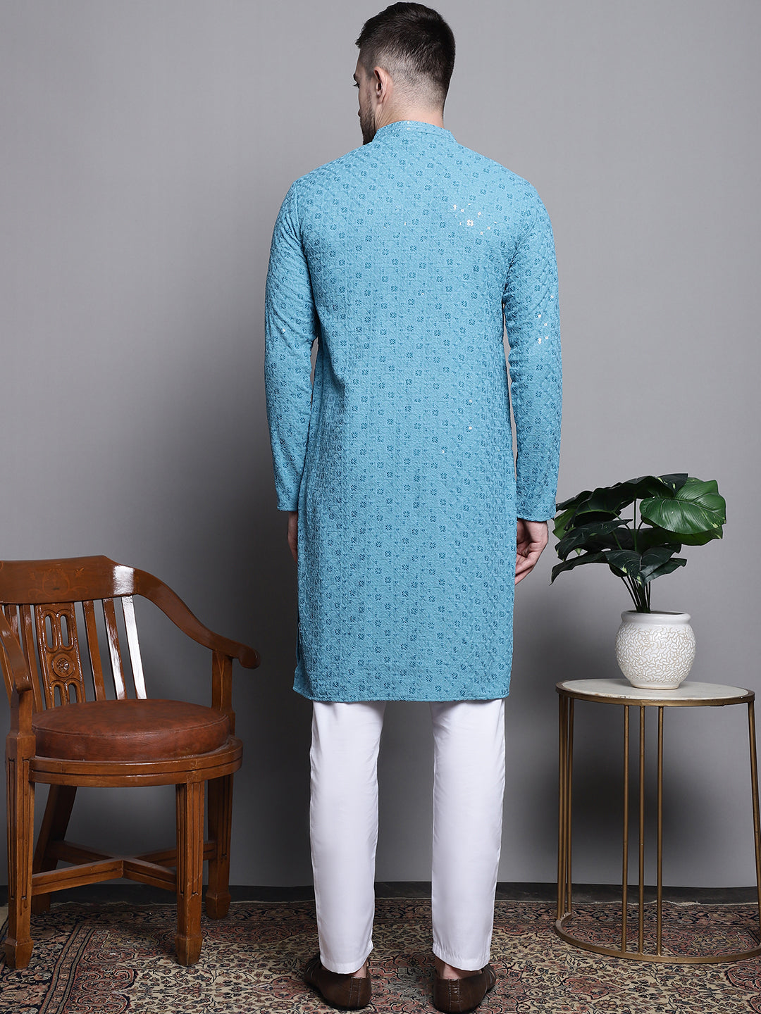 Jompers Men's Sequin Embroidered Pure Cotton Kurta with Pyjamas - Blue