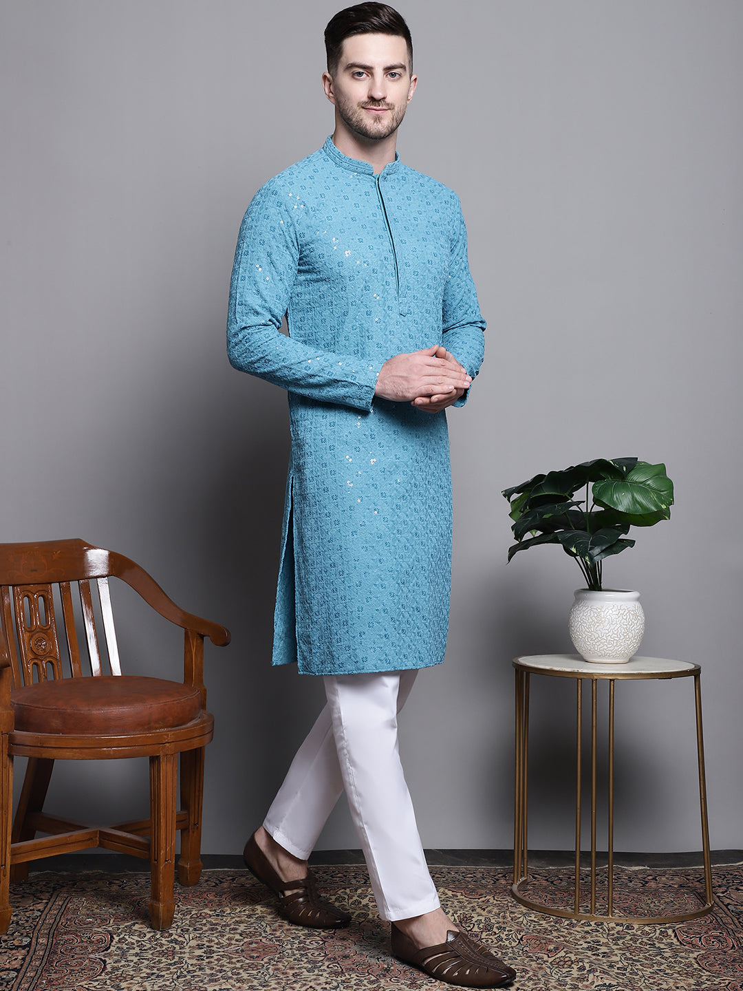 Jompers Men's Sequin Embroidered Pure Cotton Kurta with Pyjamas - Blue