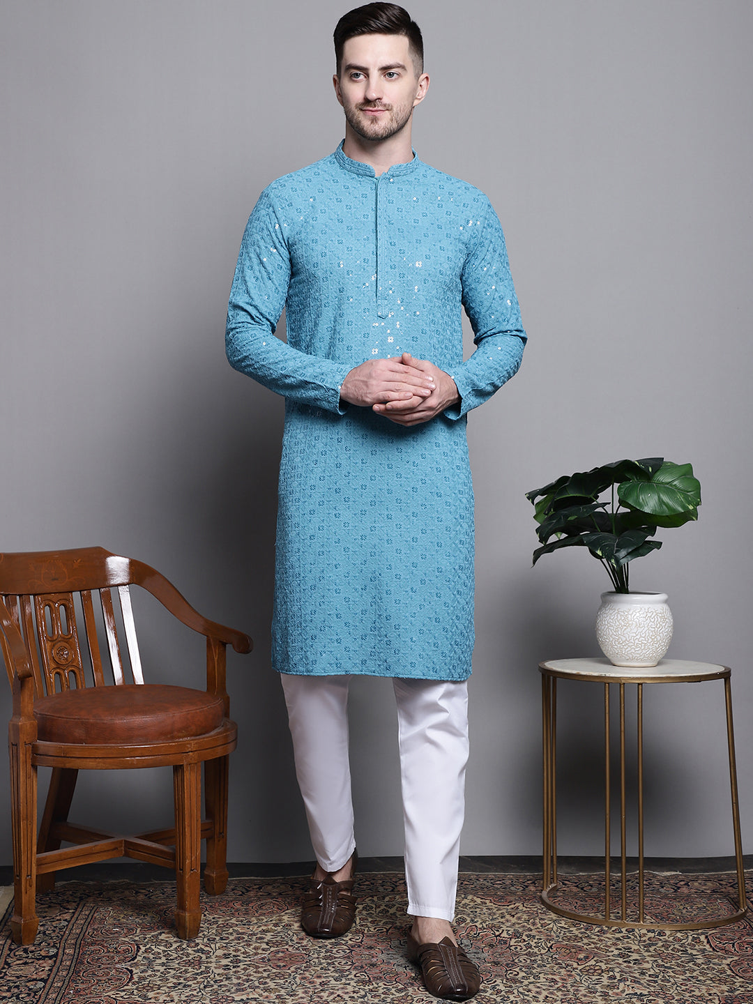 Jompers Men's Sequin Embroidered Pure Cotton Kurta with Pyjamas - Blue