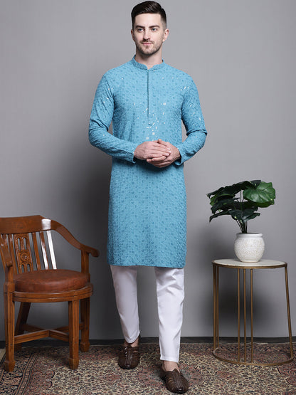 Jompers Men's Sequin Embroidered Pure Cotton Kurta with Pyjamas - Blue