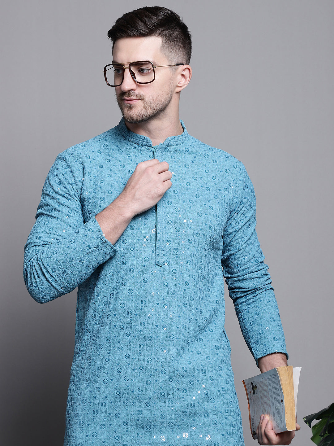 Jompers Men's Sequin Embroidered Pure Cotton Kurta with Pyjamas - Blue
