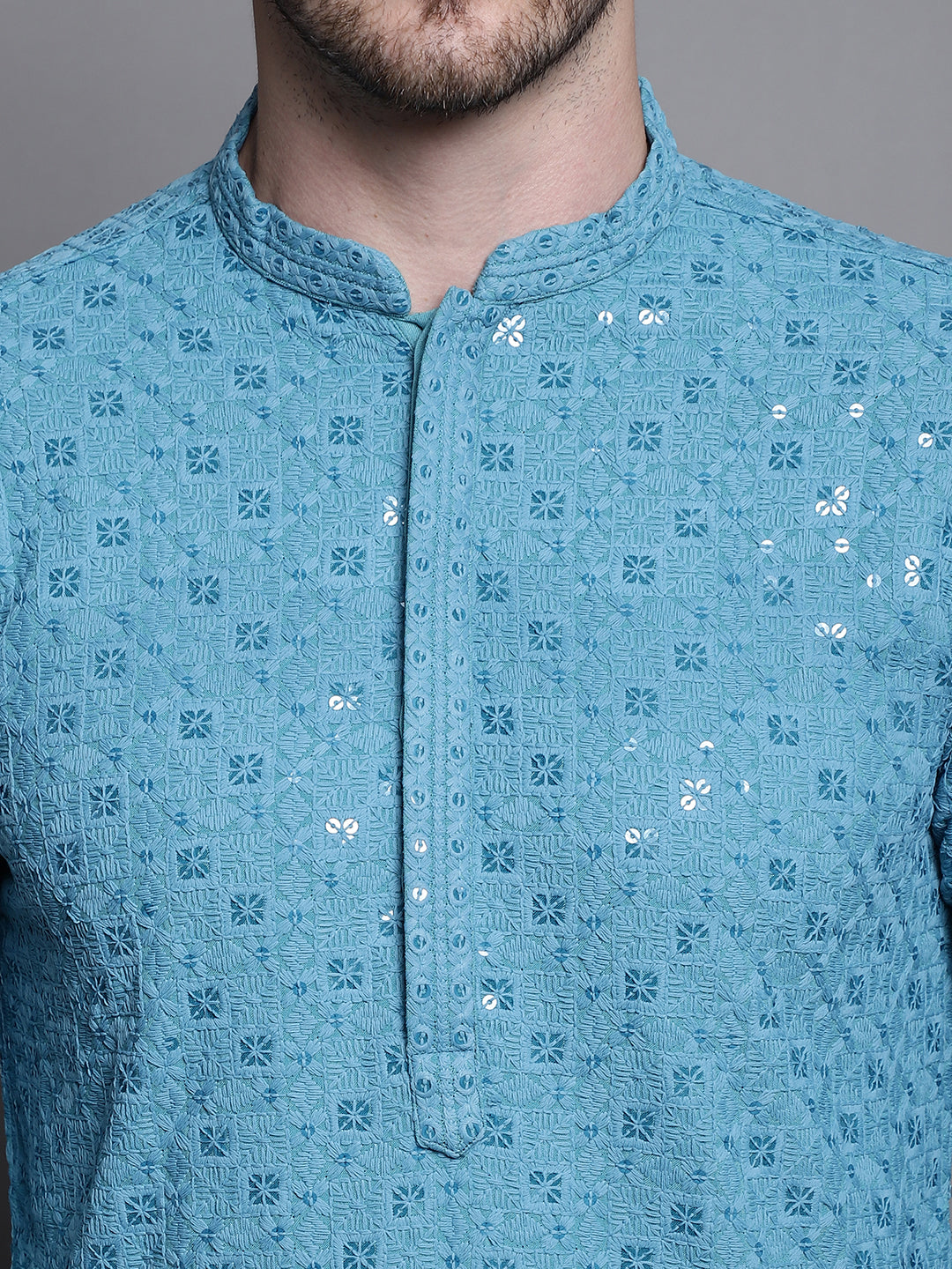 Jompers Men's Sequin Embroidered Pure Cotton Kurta with Pyjamas - Blue