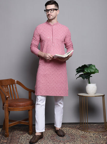 Jompers Men's Sequin Embroidered Pure Cotton Kurta with Pyjamas - Coral
