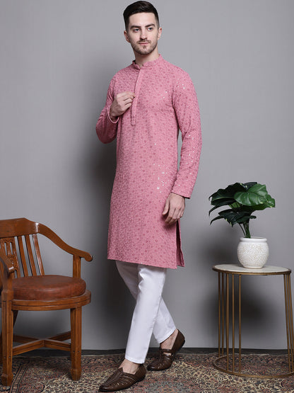 Jompers Men's Sequin Embroidered Pure Cotton Kurta with Pyjamas - Coral