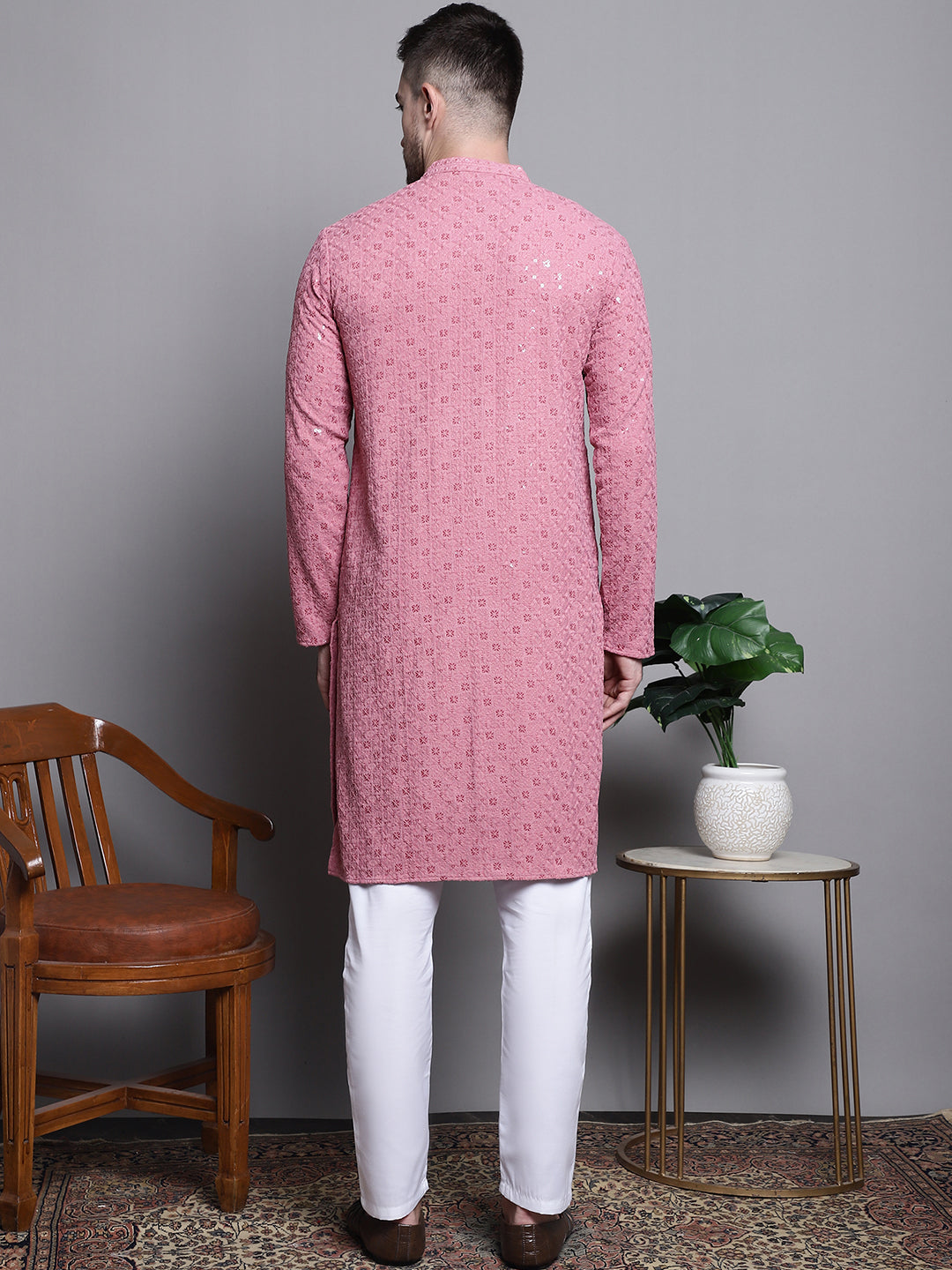 Jompers Men's Sequin Embroidered Pure Cotton Kurta with Pyjamas - Coral