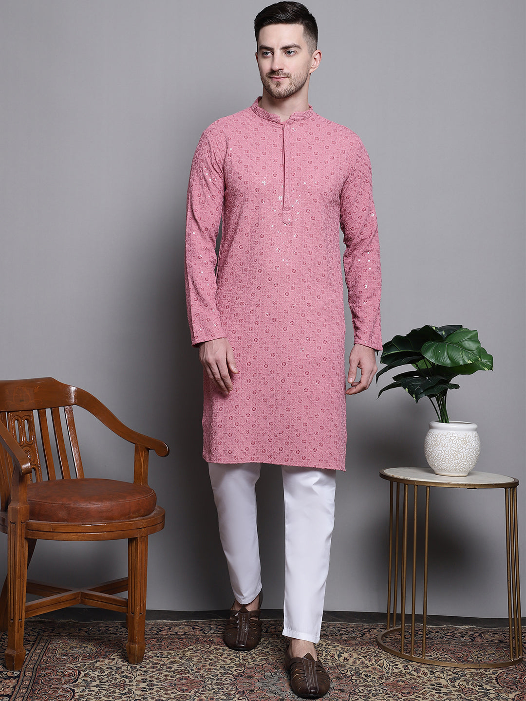 Jompers Men's Sequin Embroidered Pure Cotton Kurta with Pyjamas - Coral
