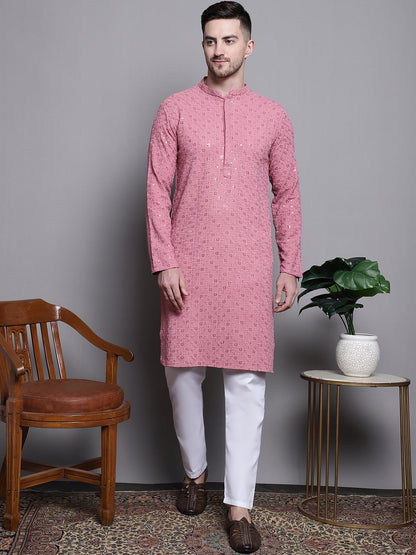 Jompers Men's Sequin Embroidered Pure Cotton Kurta with Pyjamas - Coral