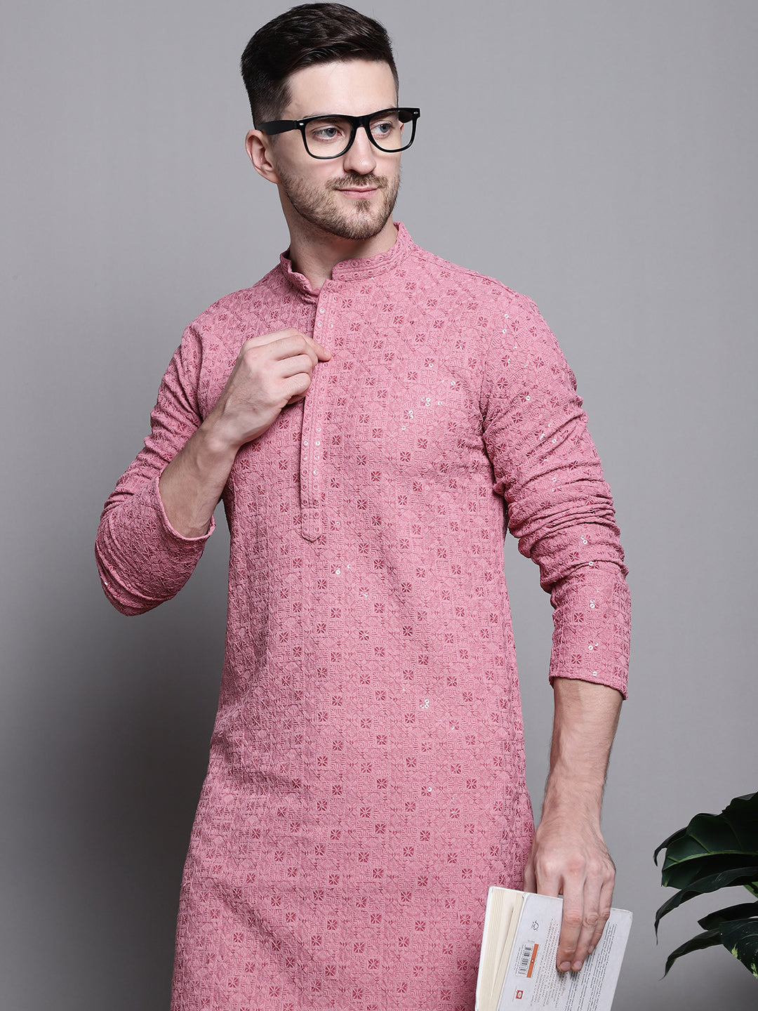 Jompers Men's Sequin Embroidered Pure Cotton Kurta with Pyjamas - Coral